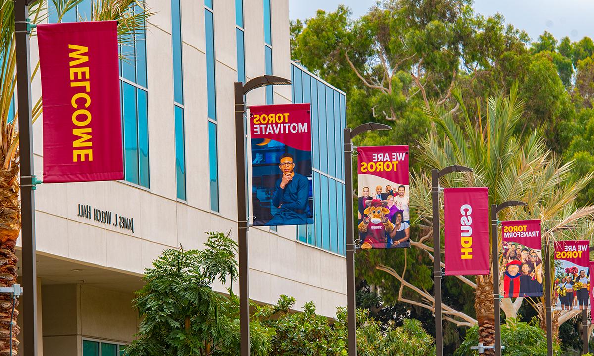 Walkway with banners outside the Welcome & Information Center